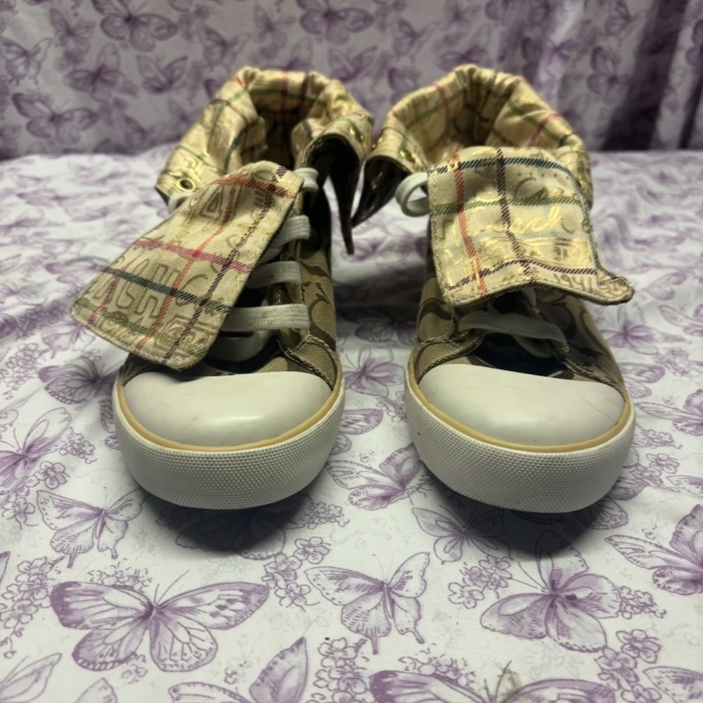 🌀Coach Beige and Plaid High-Top Sneakers